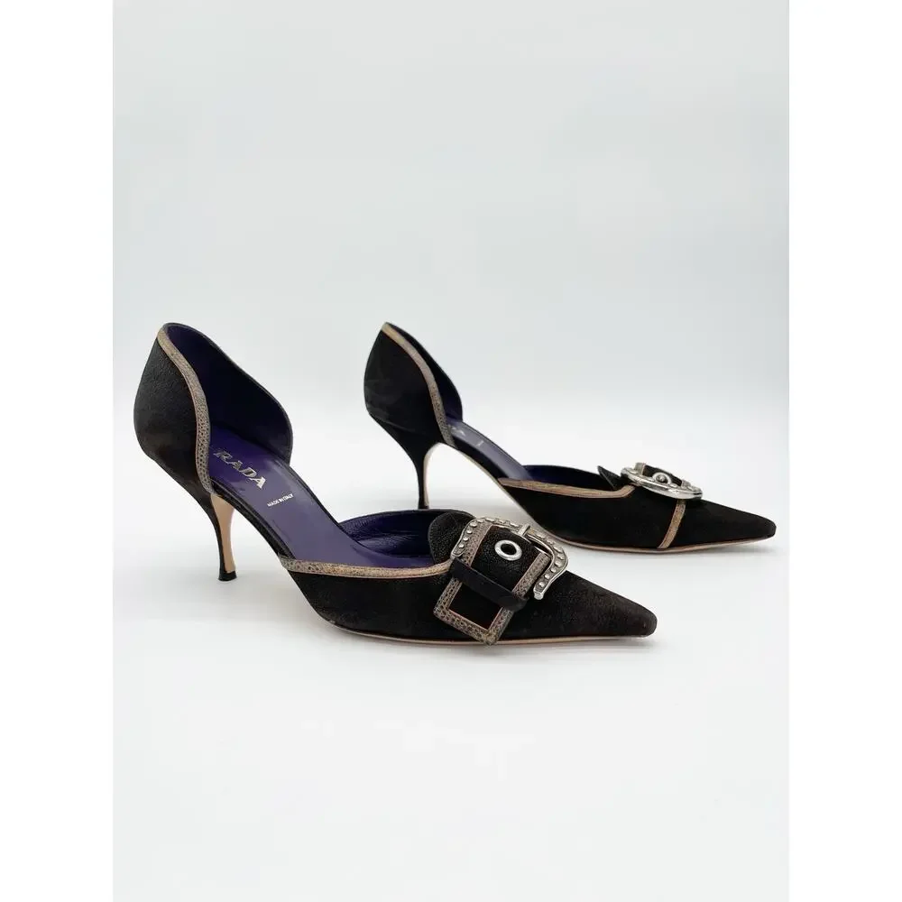 Prada Vintage Dark Brown Camel Nubuck Leather Buckle D'Orsay Pumps Heels IT 39.5